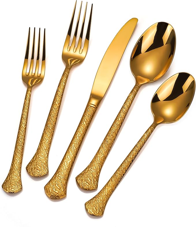 20-Piece Hammered Gold Silverware Set for 4, 18/10 Stainless Steel Flatware Set, Heavy Weight, Dishwasher Safe, Ideal for Wedding Gift