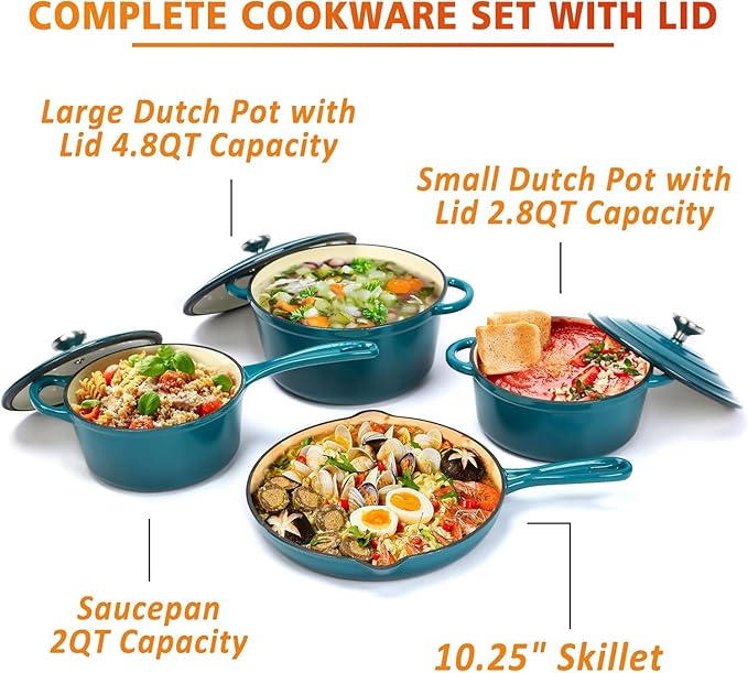 Hisencn Enameled Cast Iron Cookware Set - 7 Piece Set of Dutch Ovens, Sauce Pan, Skillet, 3 Lids, Dutch Oven Set, Ceramic Coated Cast Iron, Heavy Duty, Gas/Induction Compatible (Teal)