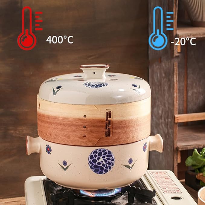Japanese Casserole Pot with Handles for Cooking, Ceramic Casserole Clay Pot Steam Stew Pot with Steamer Basket,B,1.5L