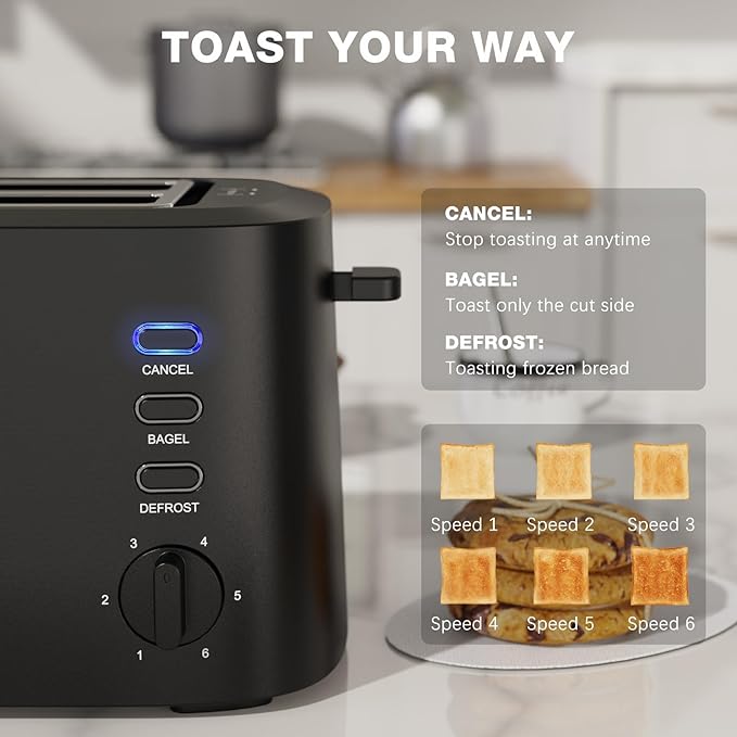 Compact Toaster 2 Slice with 1.5" Extra Wide Slots, Built-in Warming Rack & Removable Crumb Tray, 6 Browning Options, with Defrost/Bagel/Cancel Function - Matte Black
