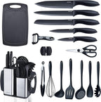 RAXCO Kitchen Utensils Set,18-Piece Cooking Tools and Sharp Knives,Stainless Steel Holder and Cutting Board