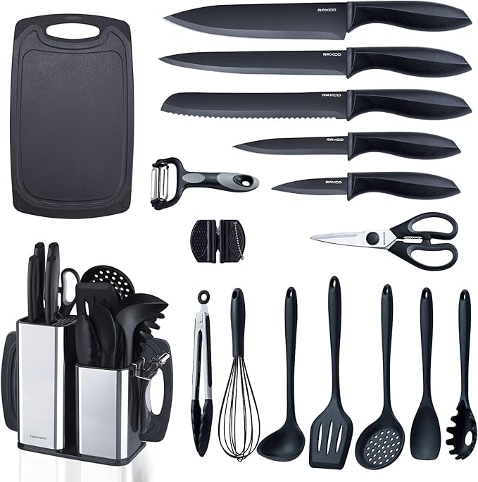 RAXCO Kitchen Utensils Set,18-Piece Cooking Tools and Sharp Knives,Stainless Steel Holder and Cutting Board
