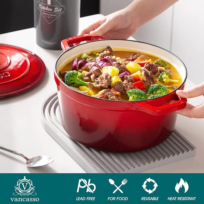 vancasso 6 QT Enameled Cast Iron Dutch Oven with Lid, Dual Handles for Bread Baking, Heavy-duty Round Dutch Oven, Non Stick Coating, All Heat Source, Red