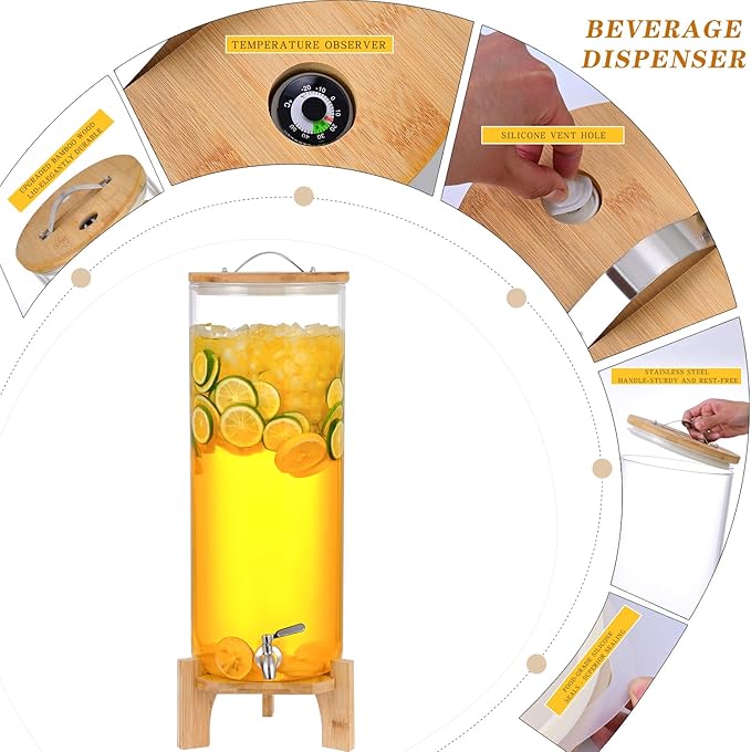 Beverage Dispenser,3.5 gallons Glass Drink Dispenser, With faucet wood stand Easy flow control, great for parties, bars & restaurants Large Beverage Dispensers. 3.5 gallons