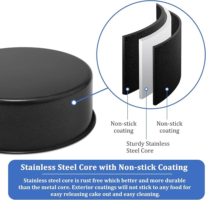 P&P CHEF 8 Inch Cake Pan, Nonstick Round Baking Layer Cake Pans Tins Set for Birthday Wedding, 2.94-Inch Deep Side & One-piece Design, Stainless Steel Core & Easy Clean, Black 2Pcs