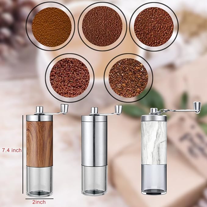 Manual Coffee Grinder, Coffee Bean Grinder with Adjustable Settings, Stainless Steel Hand Coffee Mill, Coffee Grinder Manual for Camping Home and Office (Metallic Wood)