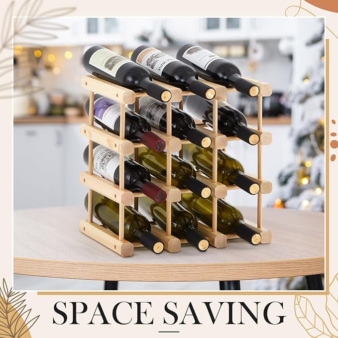Juexica 12 Bottles Wooden Wine Rack Stackable Modular Storage Racks DIY Assembly Wine Bottle Holder for Inside Cabinet Countertop Cellar Racks(1 Pack)