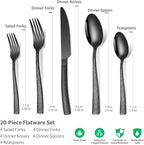 20-Piece Silverware Set, Black Hammered Stainless Steel Flatware for 4, Food-Grade Tableware, Including Fork, Knife, Spoon Set, Home Kitchen Cutlery, Dishwasher Safe