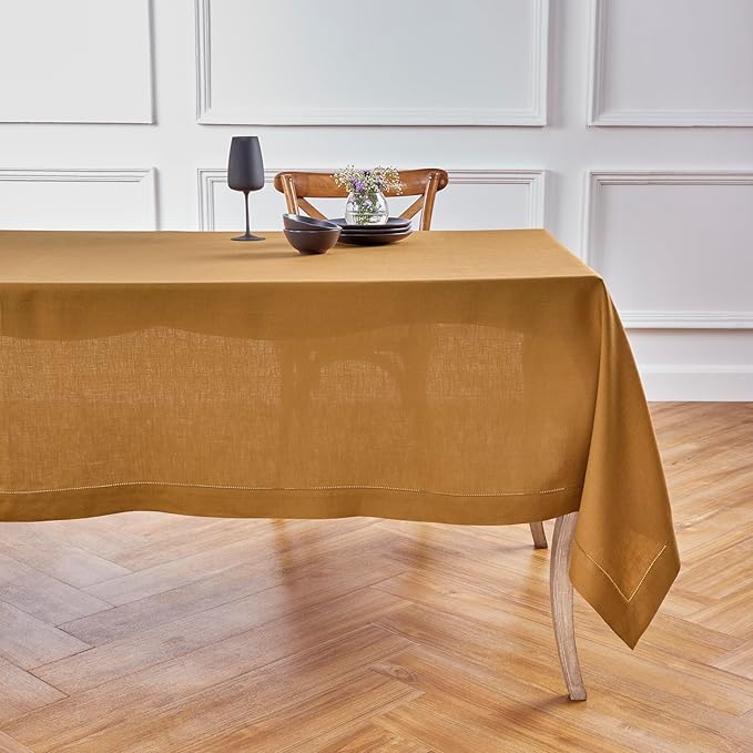 Solino Home Brown Sugar Linen Tablecloth 60 x 120 Inch - Classic Hemstitch, 100% Pure Linen Rectangular Tablecloth - Machine Washable Table Cloth for Summer, Fall, Autumn