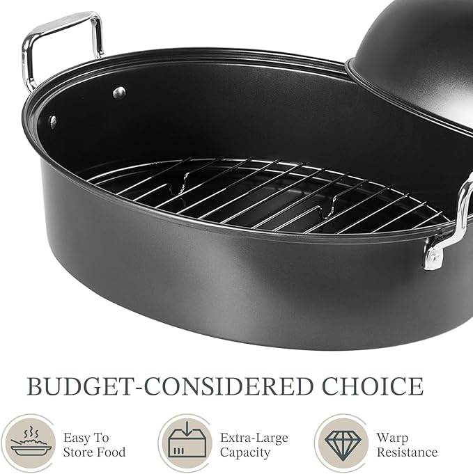 KITESSENSU Extra Large Roasting Pan with Lid - Nonstick Turkey Roaster Pan with Rack 18.5 x 14.5 Inch - Heavy Duty Covered Roasting Pot - All Ovens Fit & Dishwasher Safe, Gray