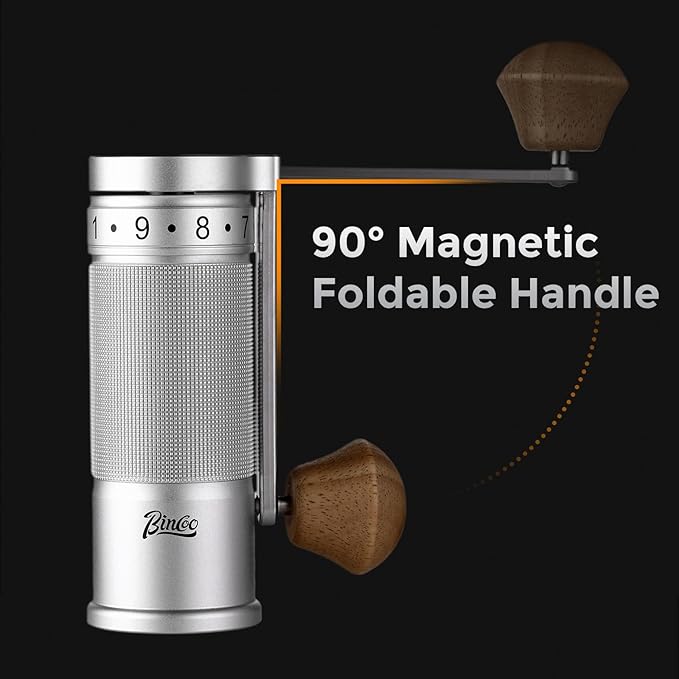 Bincoo Manual Coffee Grinder with Foldable Handle– External Setting Hand Coffee Grinder with Steel Burr,Compact and Portable for Home/Travel/Camping(Sliver)