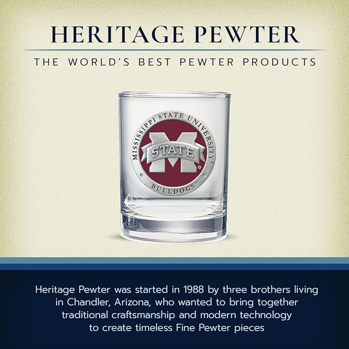 Heritage Pewter Mississippi State University Bulldogs Double Old Fashion | Double Rocks Glass 14 OZ for Liquor | Expertly Crafted Pewter Glass