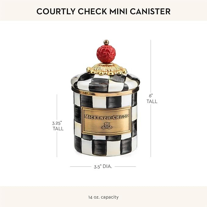 MACKENZIE-CHILDS Courtly Check Enamel Canister, Black-and-White Kitchen Storage Container with Lid, Mini