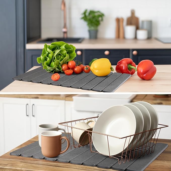 Nuanchu 2pack Large Stone Dish Drying Mat for Kitchen Counter, 23.6"(L)x15.4"(W), Collapsible Diatomaceous Earth Water Absorbing Mat for Dishes Bottles Cups, Match Any Countertop(Dark Grey)