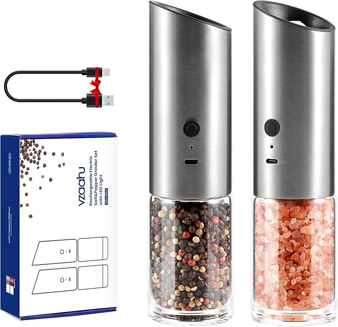 Vzaahu Gravity Electric Pepper and Salt Grinder Set of 2 - Rechargeable, Refillable, Adjustable Coarseness, Stainless Steel Seasalt Peppermill with LED light - One Hand Operation (Sliver)