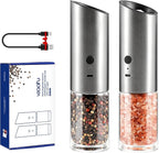 Vzaahu Gravity Electric Pepper and Salt Grinder Set of 2 - Rechargeable, Refillable, Adjustable Coarseness, Stainless Steel Seasalt Peppermill with LED light - One Hand Operation (Sliver)