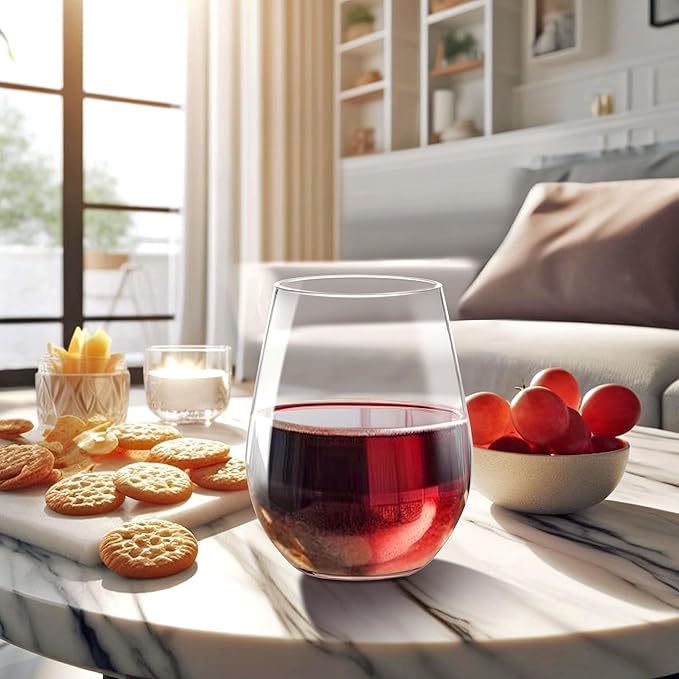 Amazing Abby - Cindy - 14-Ounce Unbreakable Tritan Wine Glasses (Set of 6), Plastic Stemless Wine Tumblers, Reusable, BPA-Free, Dishwasher-Safe, Perfect for Poolside, Outdoors, Camping, and More