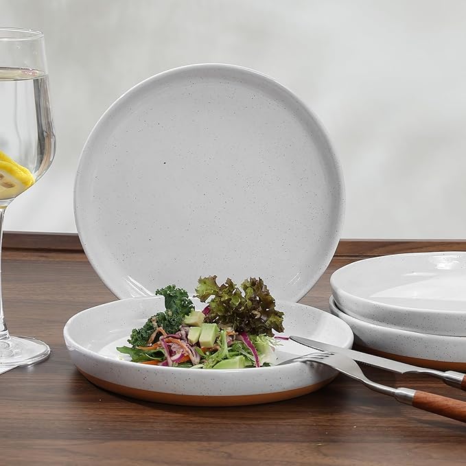 8-Inch Stoneware Plates Set of 4 - Porcelain Dinner Plates - Microwave and Dishwasher Safe, Ceramic Plates Set,Scratch Resistant. Kitchen Porcelain Dish,White(Brown Bottom)