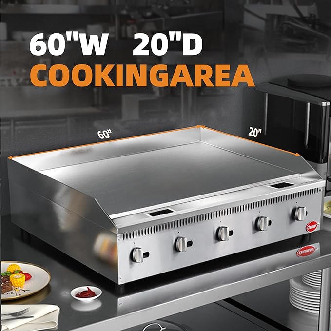 60" Commercial Countertop Griddle, 5 Burners Gas Griddle, 150000 BTU Output, Stainless Steel Flat Top Grill Hot Plate with Natural Gas and Propane Conversion Kit for Restaurant, Food Truck