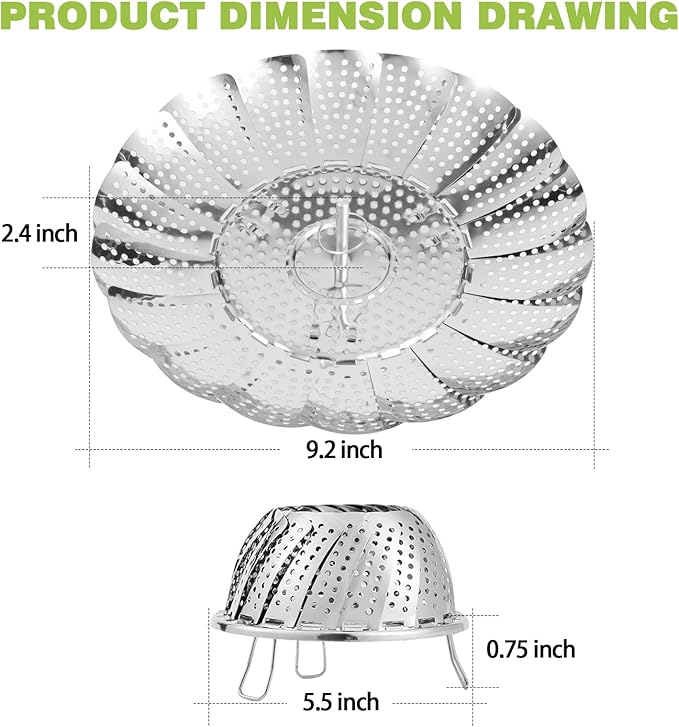 Vegetable Steamer Basket, Stainless Steel Folding Steamer Basket for Cooking, Vegetables, Fish, Pasta, Eggs, Fit Various Size Pot (5.5 inches to 9.2 inches)