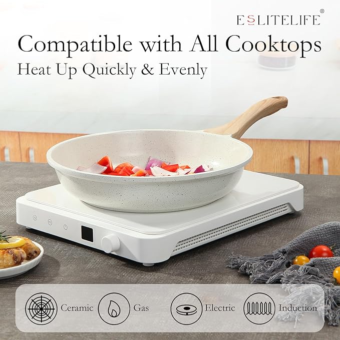 ESLITE LIFE Nonstick Ceramic Frying Pans Skillets Set with Lids, Non-Toxic Egg Omelette Kitchen Cooking Pans Compatible with All Stovetops (Gas, Electric & Induction), PTFE & PFOA Free (White)