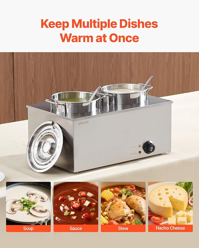 VEVOR Electric Soup Warmer, Two 6.34QT Stainless Steel Round Pot with 86~185°F Adjustable Temp, 1200W Commercial Bain Marie Compatible with Pans, Soup Station for Restaurant, Buffet