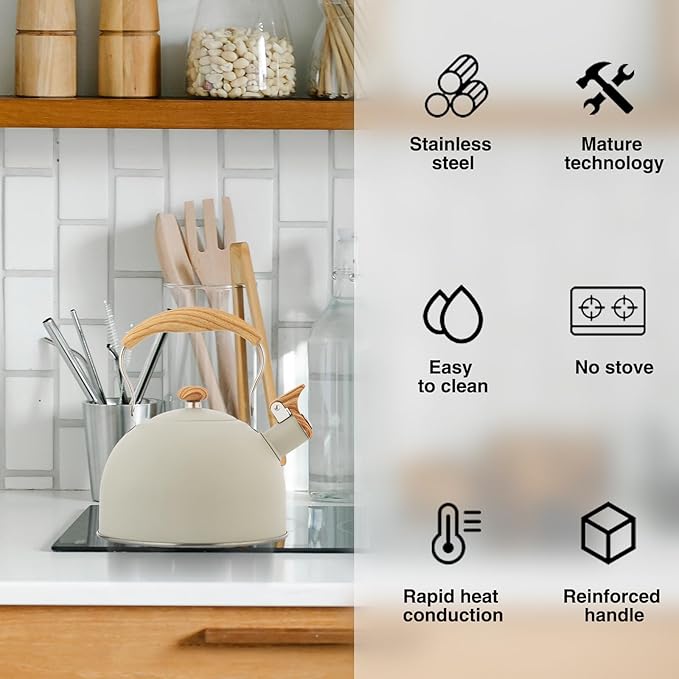 Kawlity Whistling Tea Kettle Tea Pots 2.5L, Stainless Steel Kettle with Wood Pattern Folding Handle, Whistle Kettle for Tea Coffee (Beige)