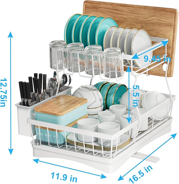 7 code Large Dish Drying Rack, 2-Tier Dish Racks for Kitchen Counter, Detachable Large Capacity Dish Drainer Organizer with Utensil Holder, Dish Drying Rack with Drain Board, White