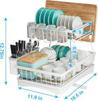 7 code Large Dish Drying Rack, 2-Tier Dish Racks for Kitchen Counter, Detachable Large Capacity Dish Drainer Organizer with Utensil Holder, Dish Drying Rack with Drain Board, White