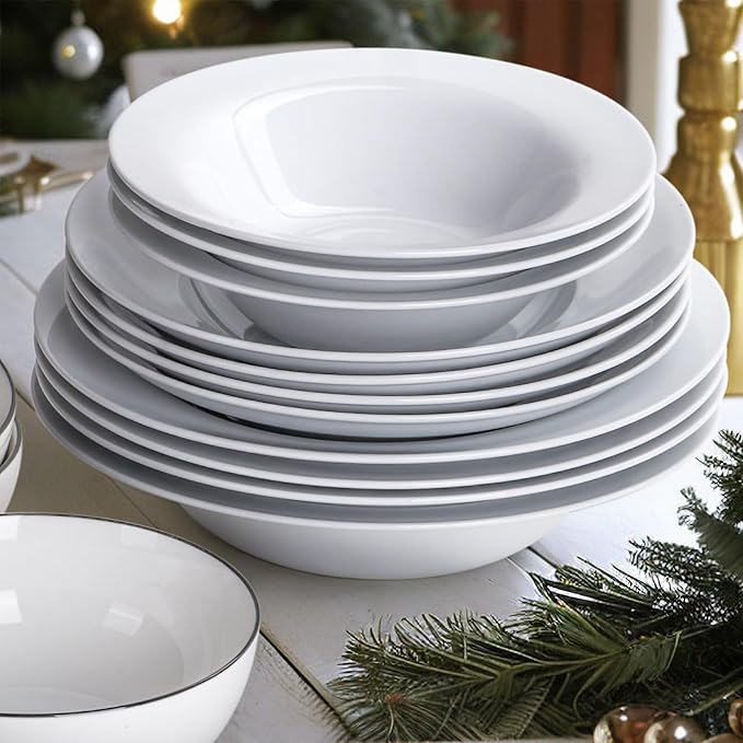 Pasta & Salad Bowls - 40oz White Ceramic Soup Plates - Set of 4, Large Pasta Plates, Wide Rimmed, Microwave & Dishwasher Safe