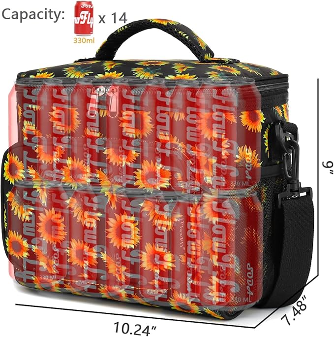 FlowFly Insulated Reusable Lunch Bag Adult Large Lunch Box for Women and Men with Adjustable Shoulder Strap,Front Zipper Pocket and Dual Large Mesh Side Pockets,Sunflower