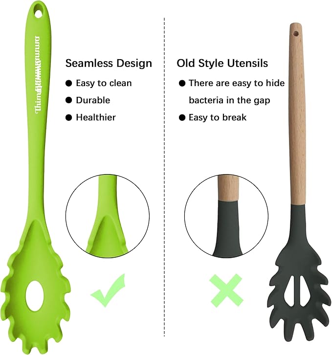 Silicone Cooking Spoons, Heat Resistant Large Silicone Pasta Slotted Spoon Solid Basting Spoon set for Nonstick Cookware, BPA Free Black Kitchen Silicone Spoons set for Mixing, Serving, Draining Green