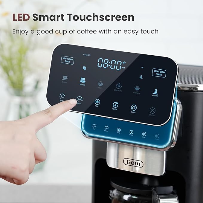 Gevi 12-Cup Programmable Coffee Maker with Touch Screen & Reusable Filter,Smart Drip Coffee Machine with Anti-Drip System, Perfect for Home,Iced Coffee