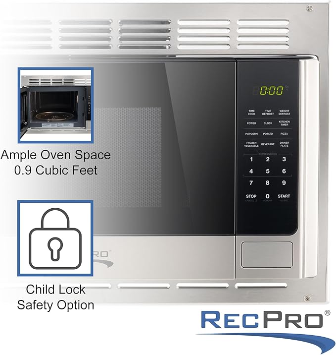 RecPro RV Microwave with Trim Kit | 1.0 Cu. Ft. | 900W | Direct Replacement for Greystone and High Pointe (Stainless Steel)