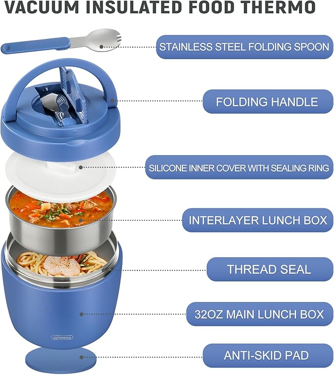 Thermo Food Jar for Hot Food Adults 32OZ Soup Thermo Lunch Containers Wide Mouth Vacuum Insulated Stainless Steel Leakproof Bento Box with Spoon (Blue)