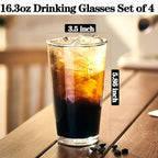 16.3 oz Drinking Glasses Set of 4, Glass Cups Set,Pint Glasses, Iced Coffee Cups,Highball Drinkware Glassware, Water Glasses for Cocktails,Beer,Wine,Juice