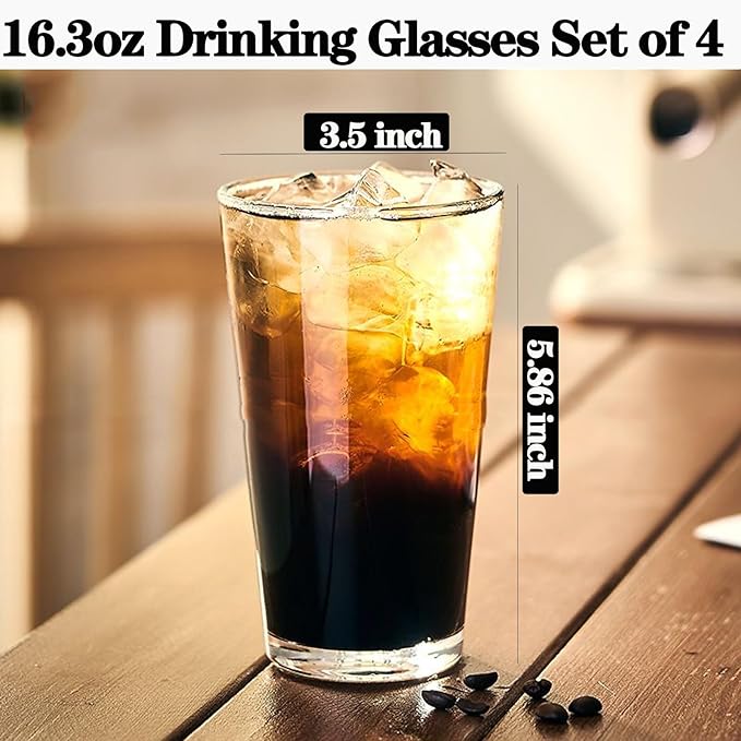 16.3 oz Drinking Glasses Set of 4, Glass Cups Set,Pint Glasses, Iced Coffee Cups,Highball Drinkware Glassware, Water Glasses for Cocktails,Beer,Wine,Juice