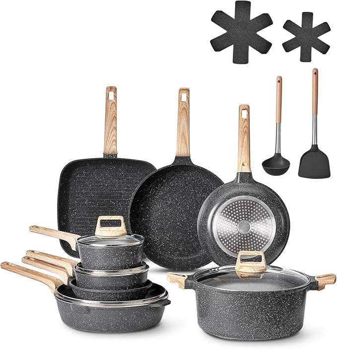 VEVOR 19 Piece Pots and Pans Set, Granite Nonstick Cookware Set, Induction Cookwares, Kitchen RV Cooking Sets with Frying, Sauce, Saute, Tempered Glass Lids, and Pan Protectors, Black