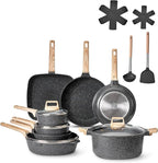 VEVOR 19 Piece Pots and Pans Set, Granite Nonstick Cookware Set, Induction Cookwares, Kitchen RV Cooking Sets with Frying, Sauce, Saute, Tempered Glass Lids, and Pan Protectors, Black