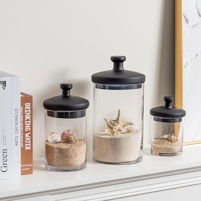 MyGift Glass Apothecary Jar Set with Black Lids, Decorative Kitchen and Bathroom Storage Canisters, Wedding Centerpiece Jars, Candy Buffet Containers