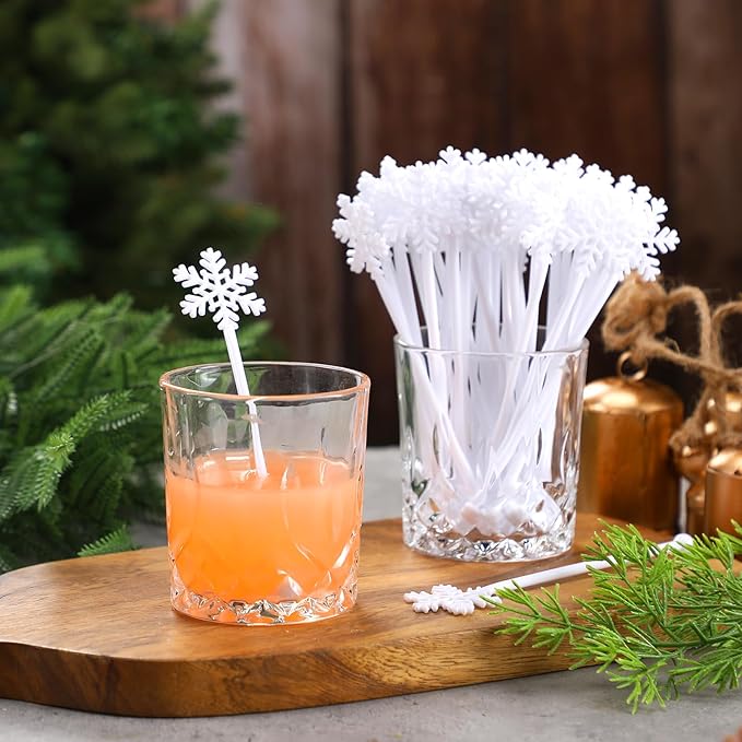 Chengu 100 Pcs Christmas Drink Stirrers Xmas Stir Sticks Bulk Holiday Coffee Stirrers Plastic Swizzle Stick Hot Cocoa Bar Supplies Chocolate Decoration Reusable Cocktail Mixer(White Snowflake)