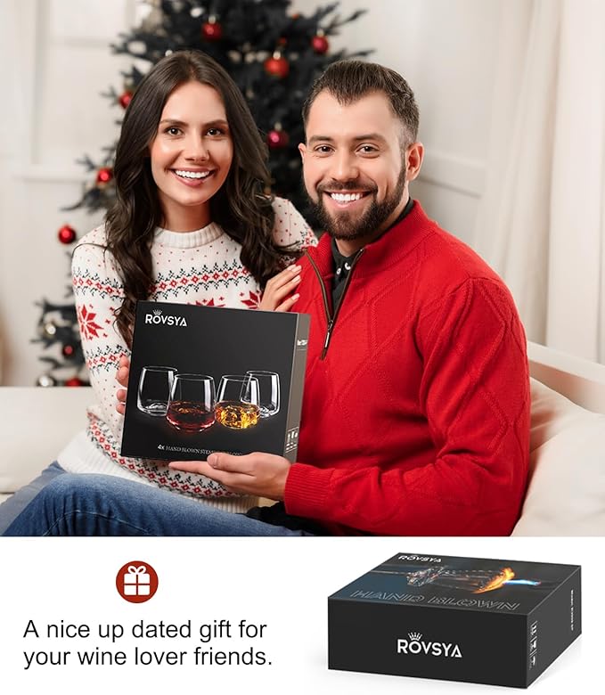 Stemless Wine Glasses Set of 4 13.5oz, Hand Blown Red White Wine Glasses Unique Gifts for Him Her for Birthday, Wedding, Christmas, Anniversary