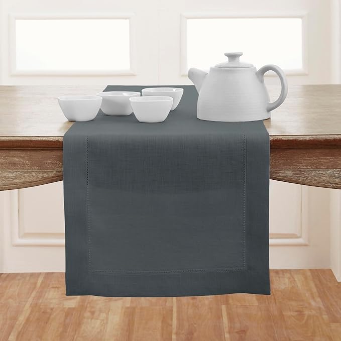 Solino Home Linen Hemstitch Table Runner 36 Inches - 100% Pure Linen Dark Grey Table Runner 14 x 36 Inch Ideal for Dresser and Coffee Tables - Classic Hemstitch