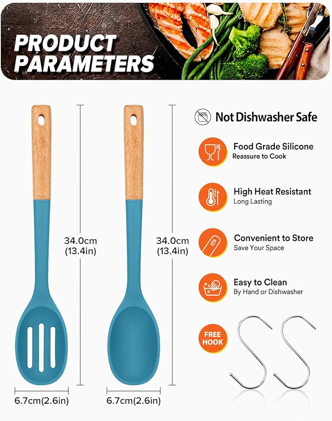 Silicone Cooking Spoons, Great for Scooping Sides and Serving Hearty Stews, BPA-Free Matte Silicone, Wooden Handle Serving Spoon for Nonstick Cooking Surfaces (Blue)