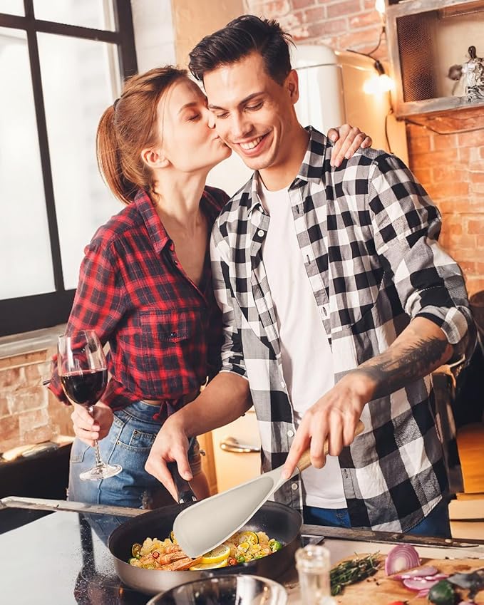 Cooking Spoon for Nonstick Cookwares, Great for Cooking and Serving Sturdy BPA-Free Matte Silicone, Wood Handle Spoon for Mixing, Scoop, and Scrape (Khaki)