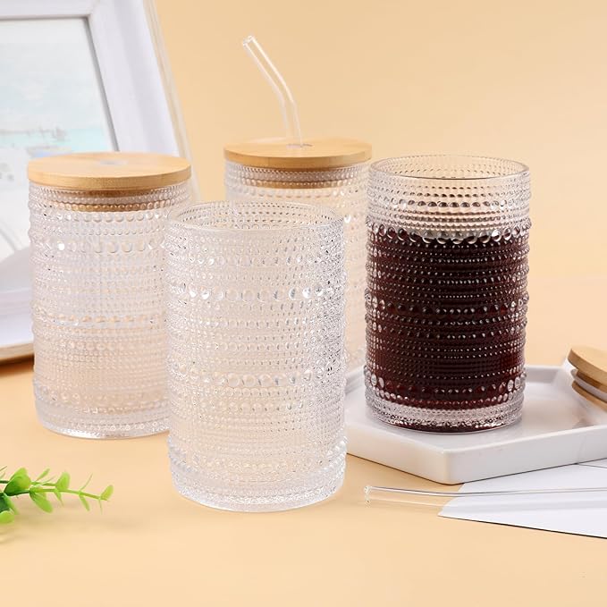 Vintage Hobnail Drinking Glasses Set of 4, 16 oz Highball Glasses Cup Set, Kitchen Water Glasses Cup, Bar Mixed Drinkware Set for Beer, Juice, Cocktail, Whiskey, Milk