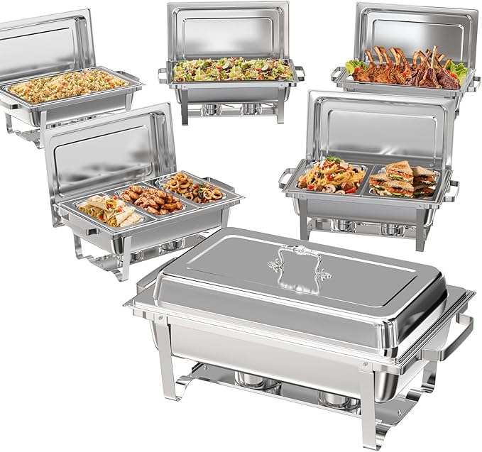 Chafing Dishes for Buffet 6 Pack, 9Qt Chafing Dish Buffet Set with Different Food Pans Combo, Food Warmers for Parties Buffet, Events & Weddings, Silver