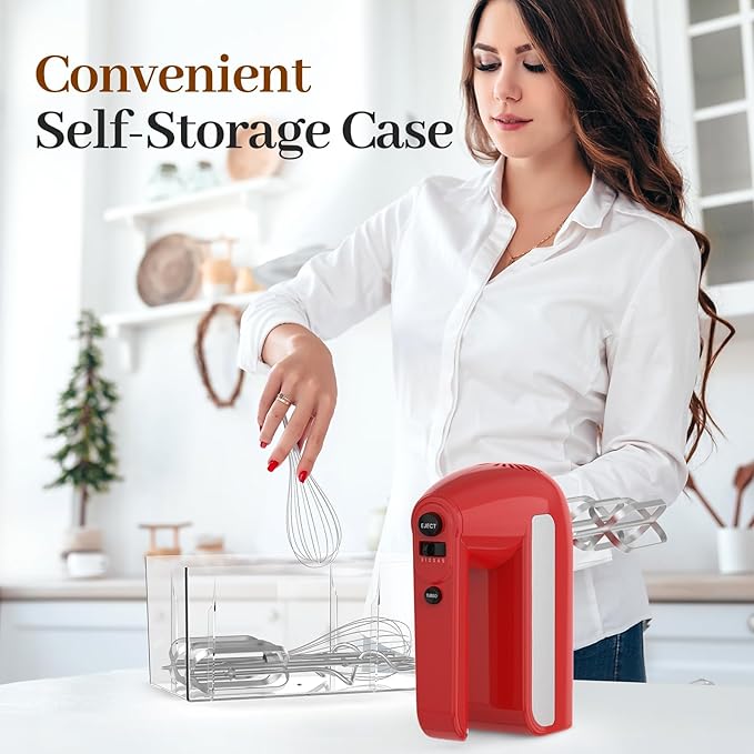 5-Speed Electric Hand Mixer, 800W Handheld Mixer with Turbo for Baking & Cooking, Kitchen Food Mixer with Storage Case & 6 Stainless Steel Attachments (2 Beaters, 2 Dough Hooks, 2 Whisks)-Red