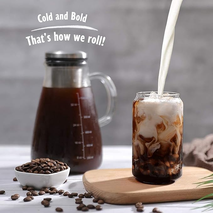 Cold Brew Iced Coffee Maker 34oz, Brewed Coffee Pot with Removable Double Mesh 304 Stainless Steel Filter, BPA-Free Cold Brew Pitcher Glass Container, Tea Maker