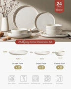 Famiware Milkyway Plates and Bowls Sets, 24 Pieces Dinnerware Sets, Reactive Glaze Dish Set, Stoneware Dishes Set for 8, Matte Beige White